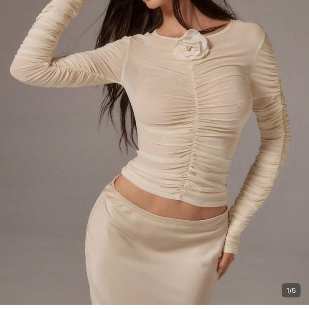 Elegant Cream Ruched Top and Skirt Set